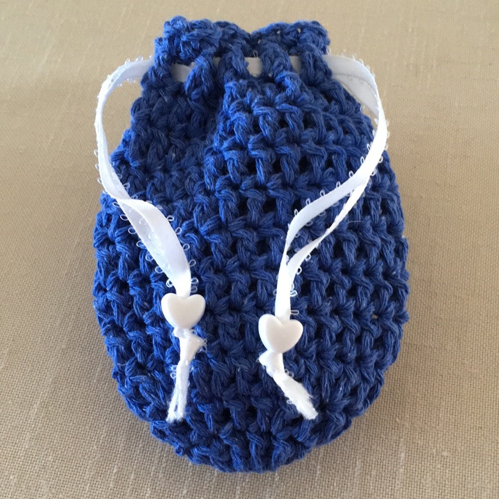 Hand Crafted Mini Bag Blue crocheted pouch 
with white ribbon drawstrings